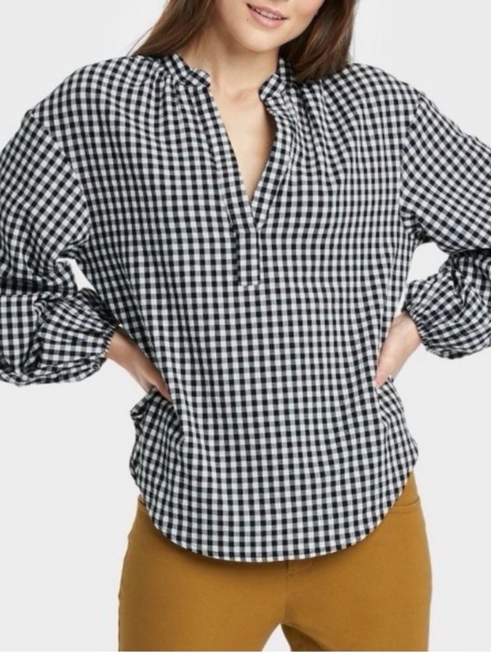 A New Day Black & White Gingham V-Neck Balloon Sleeve Top